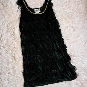 Black Fringe Flapper Retro Cosplay Glam Maximalist 50s Costume Party Mini Dress